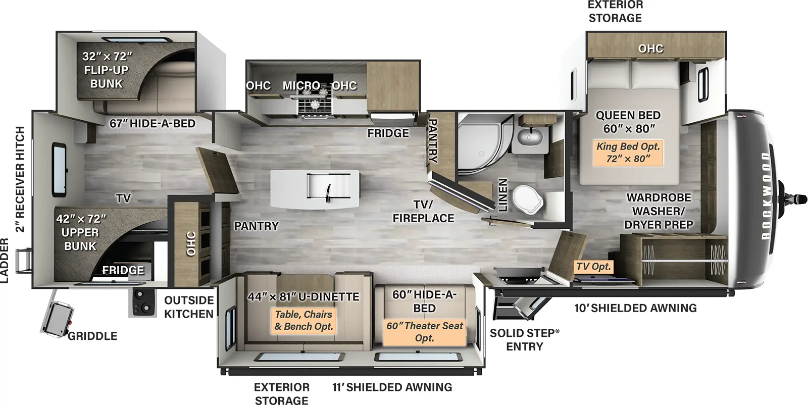 The 8336BH has four slide outs and one entry. Exterior features an 11 foot shielded awning and a 10 foot shielded awning, solid entry step, exterior storage, outside kitchen, griddle, rear ladder, and 2 inch receiver hitch. Interior layout front to back: door side wardrobe with washer/dryer prep and off-door side slide out with queen bed and overhead cabinets (king bed and TV optional); side aisle pass thru full bathroom with linen closet; angled TV and fireplace, and pantry along inner wall; door side slideout containing hide a bed sofa (theater seating optional) and u dinette (table, chairs & bench optional); off-door side slideout with refrigerator, counter with cooktop, and overhead cabinet with microwave; kitchen island with sink; pantry with overhead cabinet along inner wall; rear bunk room with off-door side slide out with flip up bunk and hide a bed below, and door side upper bunk with TV cabinet below.